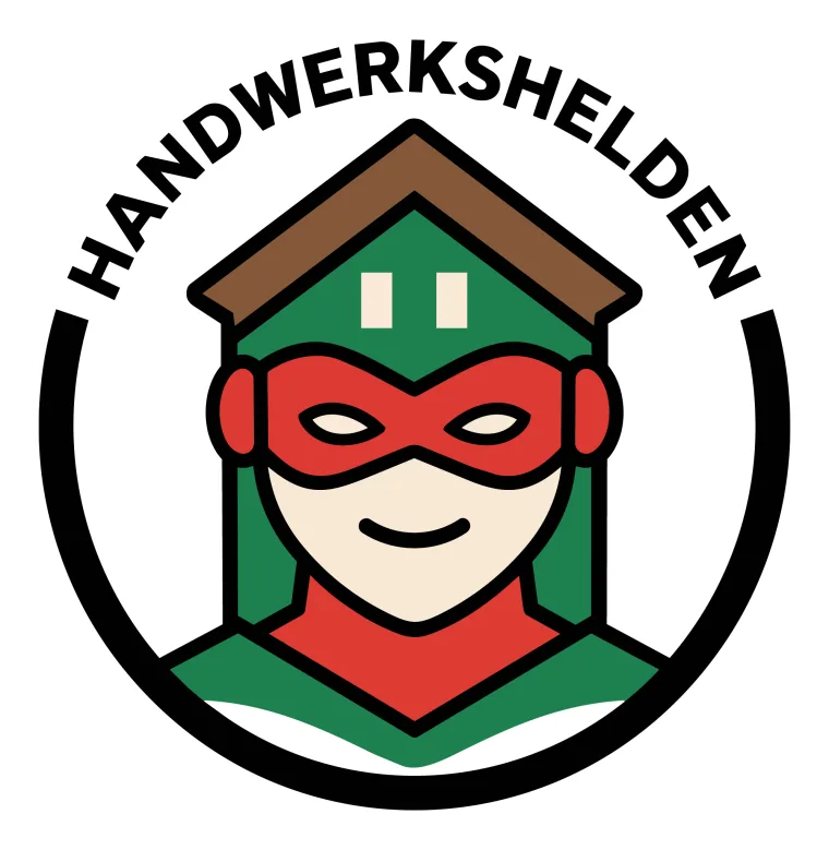 Logo Handwerkshelden, maskierter Held im Hauskreis in Grün und Rot