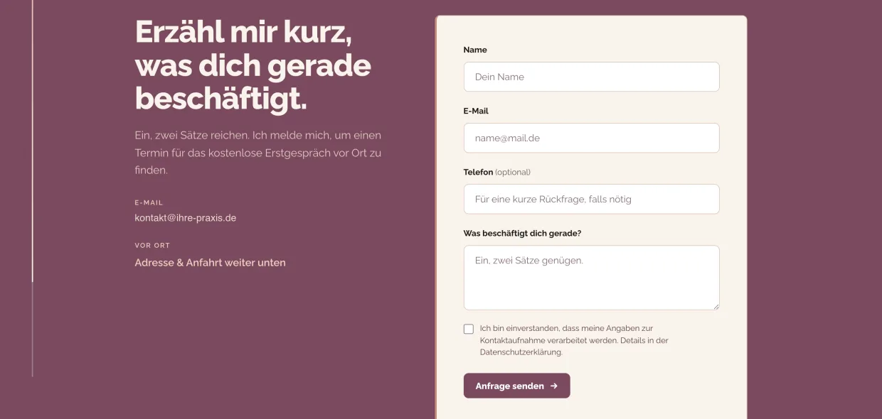 Live laufendes Anfrage-Formular mit Feldern für Name, E-Mail, Telefon und Nachricht sowie Einwilligungshinweis und Senden-Schaltfläche