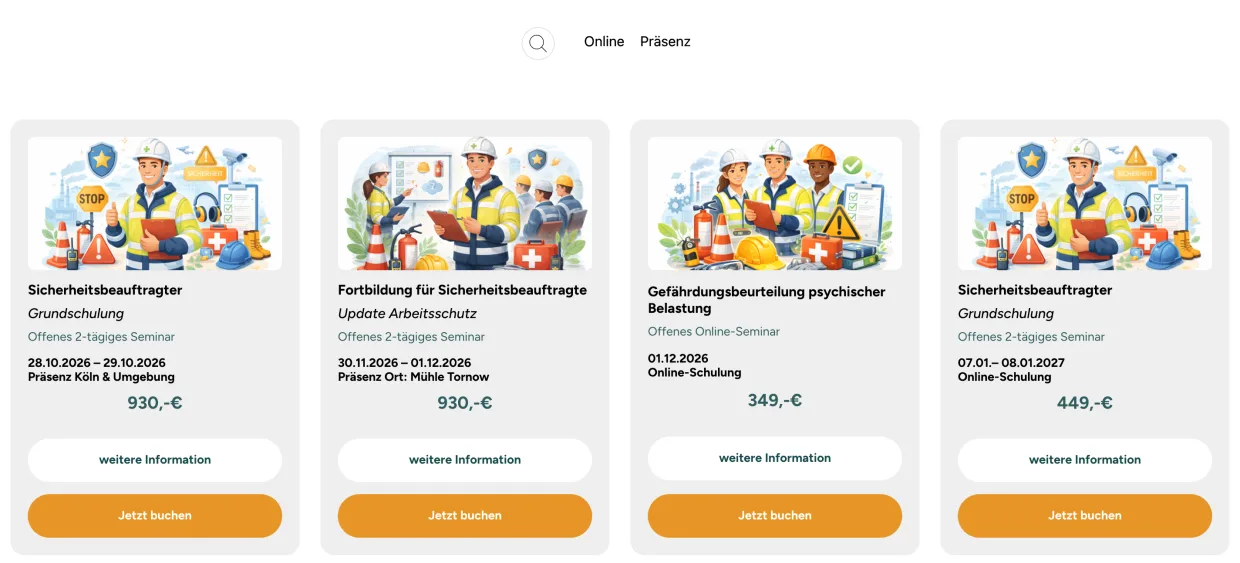 Live laufende Produktübersicht eines Shops: vier Produktkacheln mit Bild, Titel, Preis und Buchen-Schaltfläche