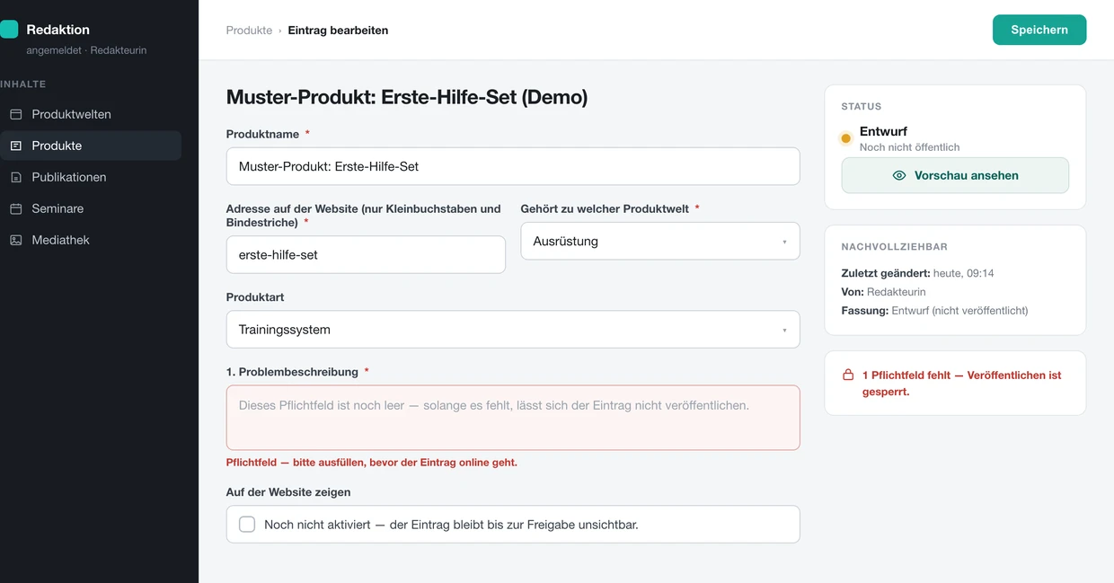 Redaktionsoberfläche zum Selbstpflegen: Formular mit Pflichtfeldern für Titel, Adresse, Produktwelt und Beschreibung, ein leeres Pflichtfeld sperrt die Veröffentlichung, rechts Status Entwurf mit Vorschau